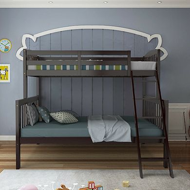 Twin over Full Bunk Bed Rubber Wood Convertible with Ladder Guardrail