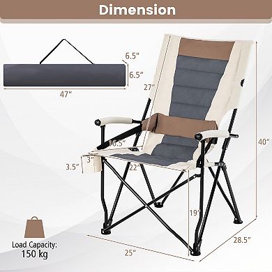 Folding Camping Chair with Cup Holder Armrest and Lumbar Pillow