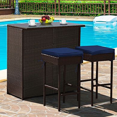 3 Pieces Patio Rattan Wicker Bar Table Stools Dining Set