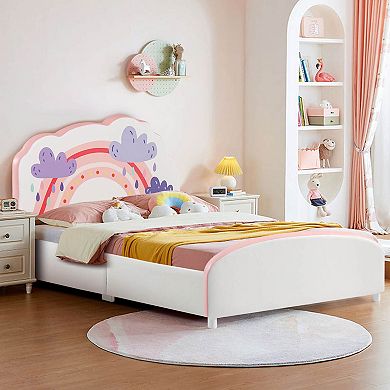 Kids Twin Size Upholstered Platform Wooden Bed with Rainbow Pattern