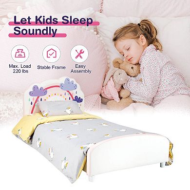 Kids Twin Size Upholstered Platform Wooden Bed with Rainbow Pattern