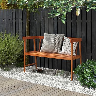 Outdoor Acacia Wood Bench with Backrest and Armrests