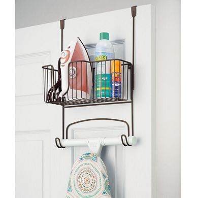mDesign Metal Over Door Ironing Board Holder with Large Storage Basket