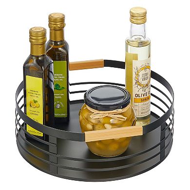 mDesign 11.5" Modern Metal Lazy Susan Turntable Basket Tray with Wood Handle