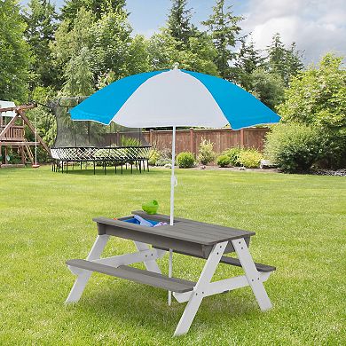 F.C Design 3-in-1 Kids Outdoor Wooden Picnic Table With Umbrella, Convertible Sand & Water Play Area, Gray - ASTM & CPSIA Certified