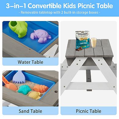 F.C Design 3-in-1 Kids Outdoor Wooden Picnic Table With Umbrella, Convertible Sand & Water Play Area, Gray - ASTM & CPSIA Certified
