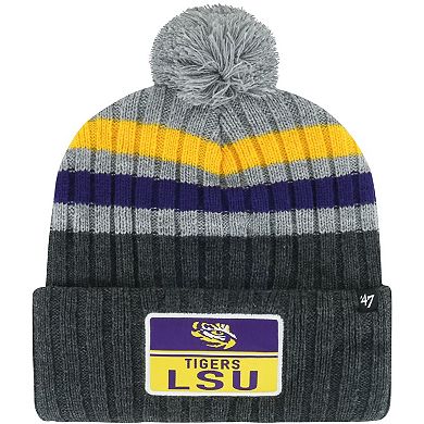 Men's '47 Charcoal LSU Tigers Stack Striped Cuffed Knit Hat with Pom