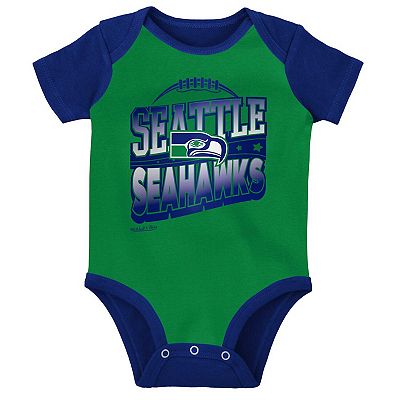 Newborn & Infant Mitchell & Ness Green/Royal Seattle Seahawks Throwback Big Score Creeper Bib and Bootie Set