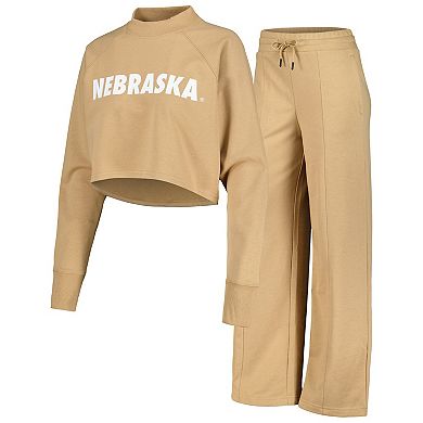 Women's Tan Nebraska Huskers Raglan Cropped Sweatshirt & Sweatpants Set