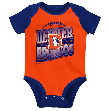 Newborn & Infant Mitchell & Ness Orange/Royal Denver Broncos Throwback Big Score Creeper Bib and Bootie Set