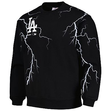 Men's PLEASURES  Black Los Angeles Dodgers Lightning Crewneck Pullover Sweatshirt