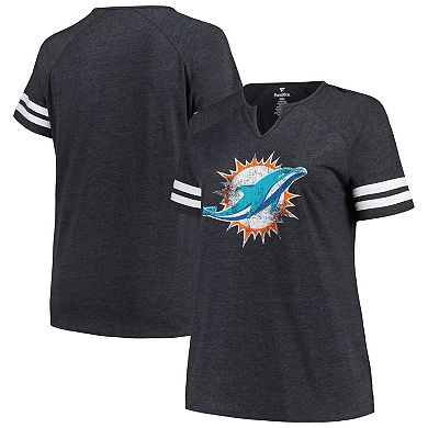 Women's Fanatics Branded Heather Charcoal Miami Dolphins Plus Size Logo Notch Neck Raglan Sleeve T-Shirt