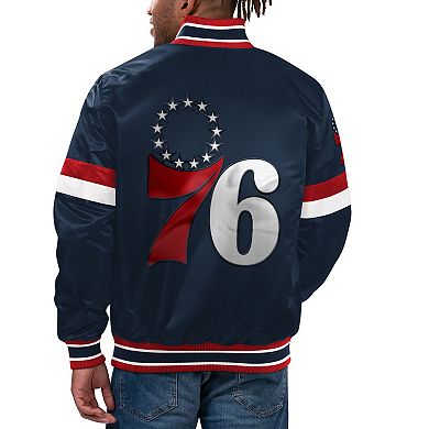 Men's Starter Navy Philadelphia 76ers Home Game Satin Full-Snap Varsity Jacket