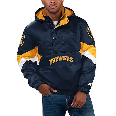 Men's Starter Navy Milwaukee Brewers Force Play II Half-Zip Hooded Jacket