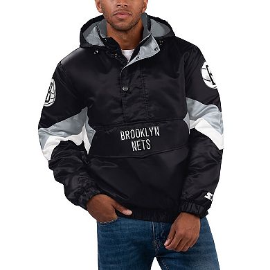 Men's Starter  Black Brooklyn Nets Force Play Satin Hoodie Half-Zip Jacket