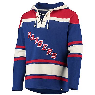 Men's '47 Alexis Lafreniere Blue New York Rangers Player Name & Number Lacer Pullover Hoodie