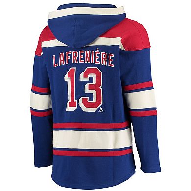 Men's '47 Alexis Lafreniere Blue New York Rangers Player Name & Number Lacer Pullover Hoodie