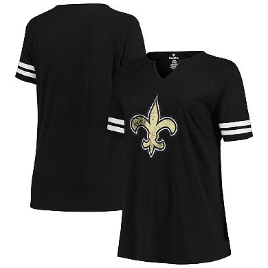 Women's Fanatics Branded Black New Orleans Saints Plus Size Logo Notch Neck Raglan Sleeve T-Shirt