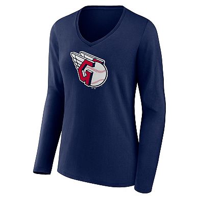 Women's Fanatics Branded Navy Cleveland Guardians Official Logo V-Neck Long Sleeve T-Shirt