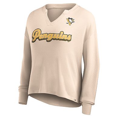 Women's Fanatics Branded Oatmeal Pittsburgh Penguins Go For It Notch Neck Waffle Knit Long Sleeve T-Shirt