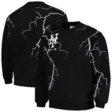 Men's PLEASURES  Black New York Mets Lightning Crewneck Pullover Sweatshirt