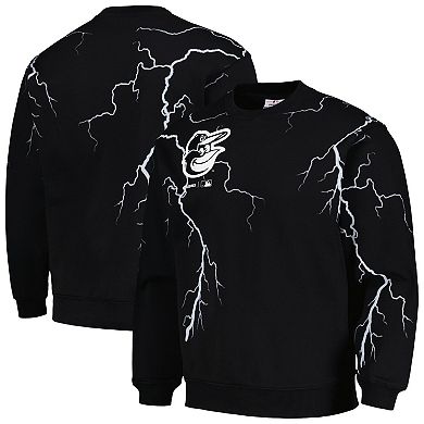 Men's PLEASURES  Black Baltimore Orioles Lightning Crewneck Pullover Sweatshirt