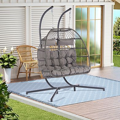 F.C Design 2 Person Outdoor Rattan Hanging Chair - Patio Wicker Egg Chair for Relaxation and Comfort