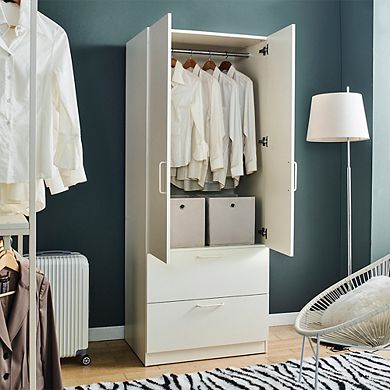 F.C Design Klair Living Two-Door Wood Closet with Two Drawers and Hanging Bars in White