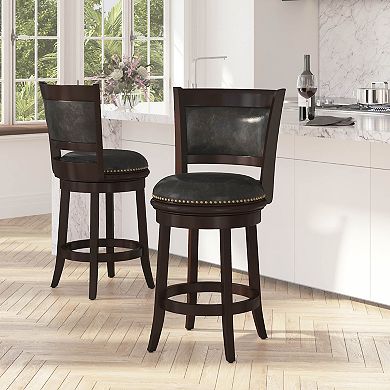 Merrick Lane Beatrice 24" Wooden Counter Height Stool with Upholstered Panel Back & Swivel Seat with Nail Trim