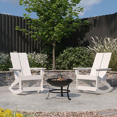 Merrick Lane Wellington Outdoor Set with Modern Adirondack Rocking Chairs & Wood Burning Fire Pit, Poker & Spark Screen