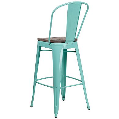 Merrick Lane Sarah 30" Metal Indoor-Outdoor Counter Stool with Vertical Slat Back, Integrated Footrest and Wood Seat