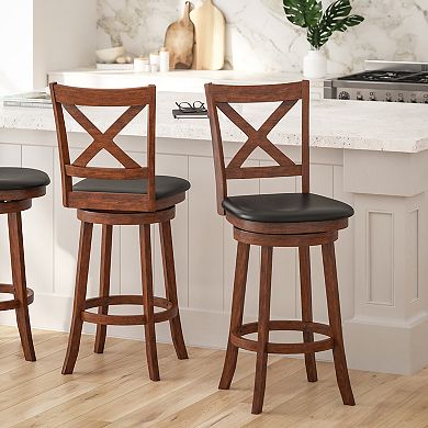 Merrick Lane Sora 30" Classic Wooden Crossback Swivel Bar Height Pub Stool with Upholstered Padded Seat and Integrated Footrest
