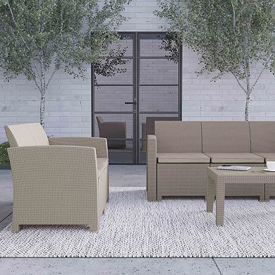 Merrick Lane Greta 4 Piece Faux Rattan Patio Furniture Set with Included Cushions, Chair, Sofa, Loveseat and Coffee Table