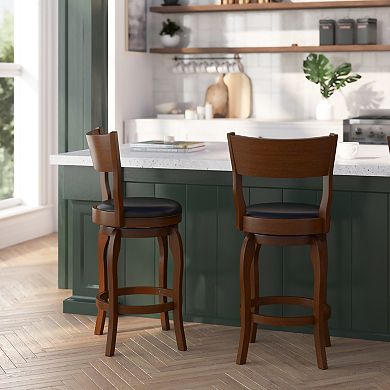 Merrick Lane Tally 24" Classic Wooden Open Back Swivel Counter Height Pub Stool with Upholstered Padded Seat and Integrated Footrest