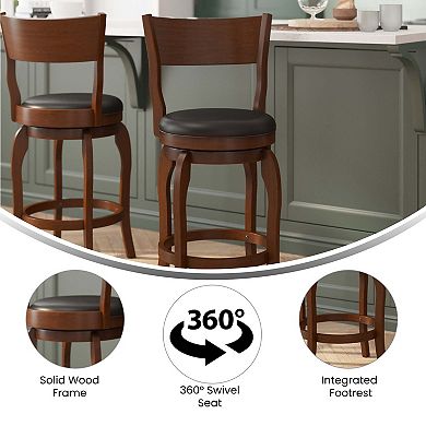 Merrick Lane Tally 24" Classic Wooden Open Back Swivel Counter Height Pub Stool with Upholstered Padded Seat and Integrated Footrest
