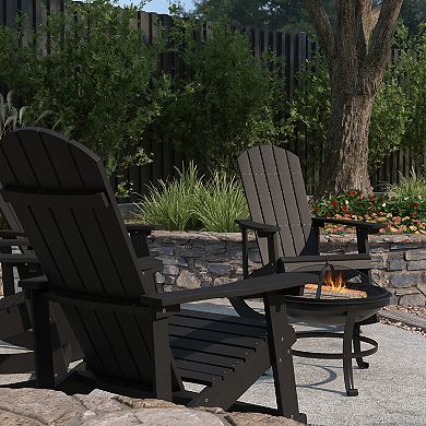 Merrick Lane Atlantic Outdoor Set with Classic Adirondack Rocking Chairs & Wood Burning Fire Pit with Poker/Spark Screen