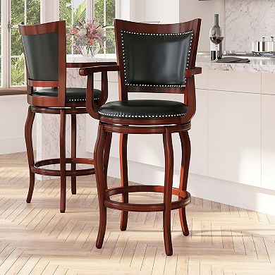 Merrick Lane Aletta Series Panel Back Stool with Arms and Faux Leather Swivel Seat