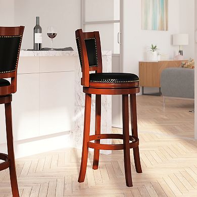 Merrick Lane Amara Series Wooden Stool with Open Panel Back with Faux Leather Accent and Seat
