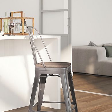 Merrick Lane Vesemir Stool with Powder Coated Metal Frame and Textured Wooden Seat