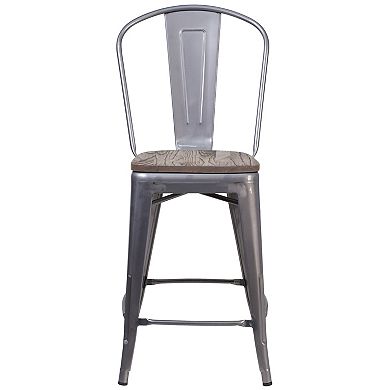 Merrick Lane Vesemir Stool with Powder Coated Metal Frame and Textured Wooden Seat