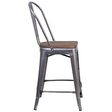 Merrick Lane Vesemir Stool with Powder Coated Metal Frame and Textured Wooden Seat