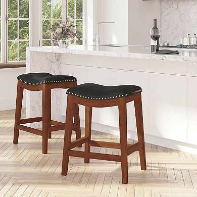 Merrick Lane Abel 26'' Backless Saddle Style Counter Stool Traditional Wood Stool with Nail Accent Trim