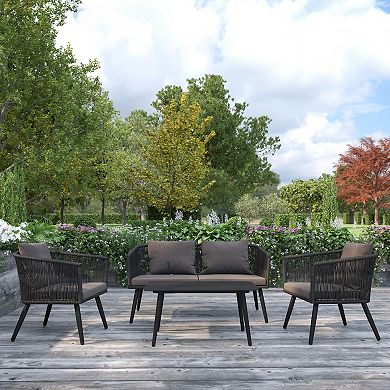 Merrick Lane Magnolia Outdoor Furniture 4 Piece Woven Aluminum Frame Loveseat, 2 Chair and Coffee Table Set With Cushions