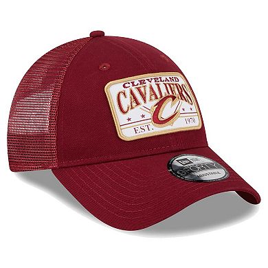 Men's New Era  Wine Cleveland Cavaliers Plate Oversized Patch Trucker 9FORTY Adjustable Hat