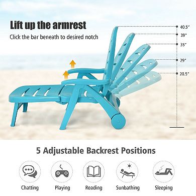 5 Position Adjustable Folding Lounger Chaise Chair on Wheels