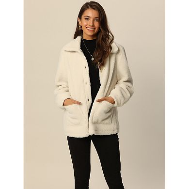 Women's Faux Shearling Jacket Long Sleeve Lapel Button Down Fleece Coat with Pockets