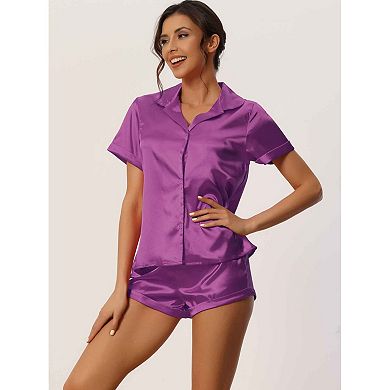 Women Satin Pajama Set Button Short Sleeve Shirt And Shorts Loungwear Sleepwear