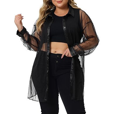 Plus Size Shirt for Women Mesh Sheer Long Sleeve Button Down See Through Tops Blouses