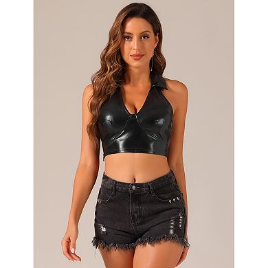 Holographic Crop Top For Women's Shimmering Shiny Party Halter Metallic Tops