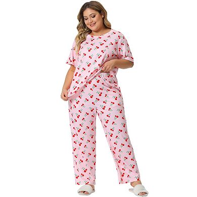 Plus Size Pajama Set for Women Short Sleeve Cherry Print Elastic Soft Pockets Nightwear Sleepwear